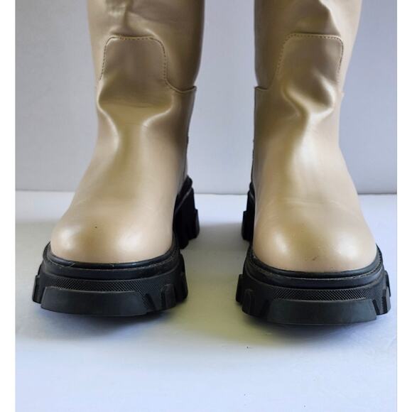 Pretty Little Thing Platform Chunky Sole Calf High Tan Boots Size 8 S0025 - Picture 2 of 7